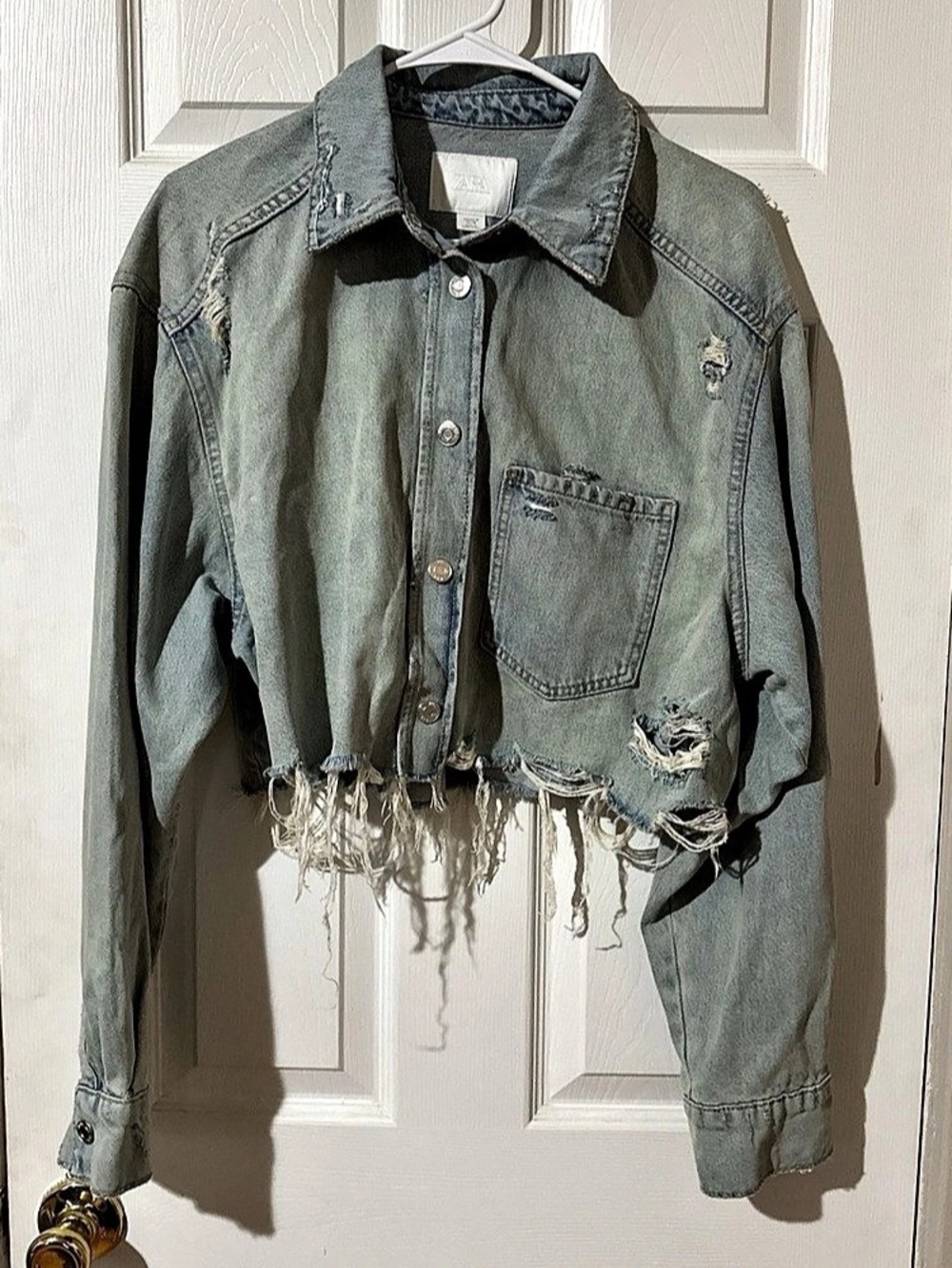 ZARA TRF Collection Cropped Distressed Denim Jacket Blue Medium